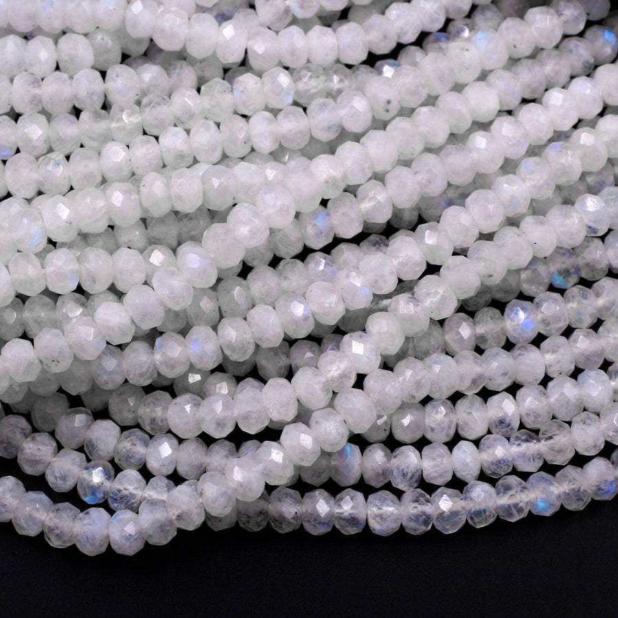 Natural Rainbow Moonstone Faceted Rondelle Beads 3mm 4mm 5mm 6mm 8mm High Quality Flashy Blue Moonstone Gemstone 15.5" Strand