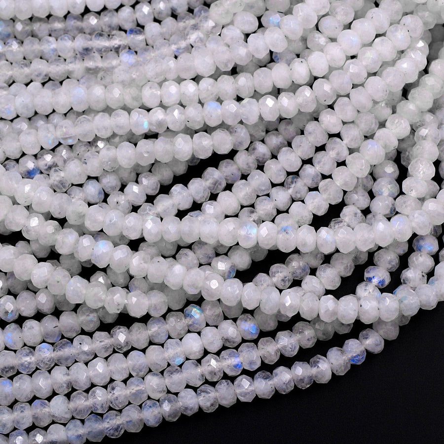 Natural Rainbow Moonstone Faceted Rondelle Beads 3mm 4mm 5mm 6mm 8mm High Quality Flashy Blue Moonstone Gemstone 15.5" Strand
