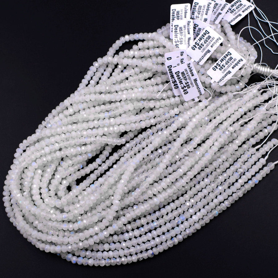 Natural Rainbow Moonstone Faceted Rondelle Beads 3mm 4mm 5mm 6mm 8mm High Quality Flashy Blue Moonstone Gemstone 15.5" Strand