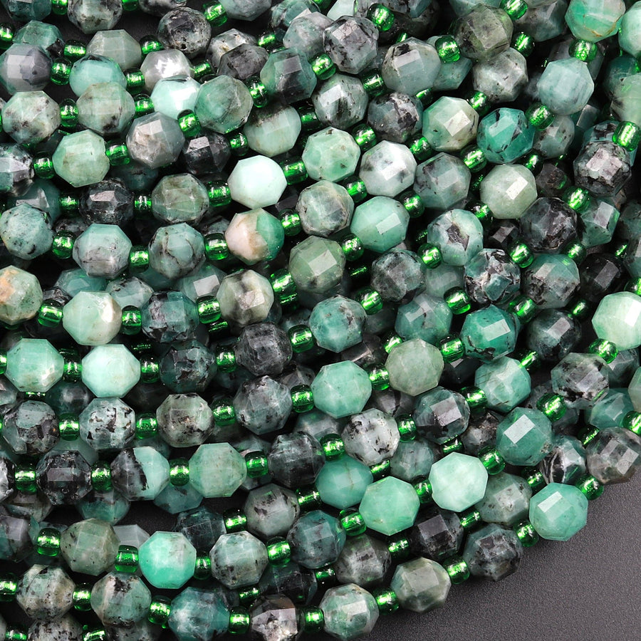 Real Genuine Natural Green Emerald 6mm Beads Faceted Energy Prism Double Terminated Point Cut 15.5" Strand