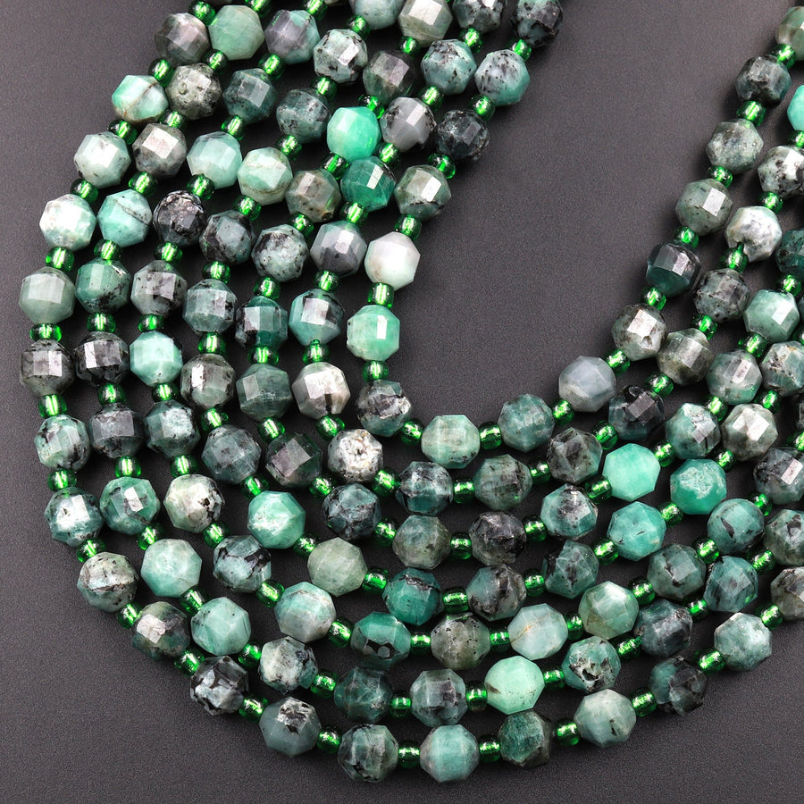Real Genuine Natural Green Emerald 6mm Beads Faceted Energy Prism Double Terminated Point Cut 15.5" Strand