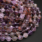 Super 7 Crystal Element Natural Phantom Amethyst Cacoxenite Round Beads 10mm 12mm Faceted Geometric Lantern Powerful Healing Stone 1.5" Strand