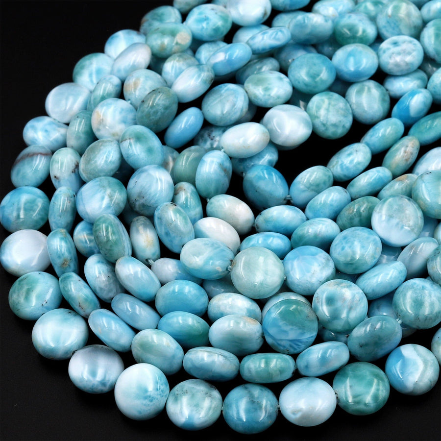 Natural Larimar Coin 10mm Beads Real Genuine Blue Larimar From Dominican Republic 15.5" Strand
