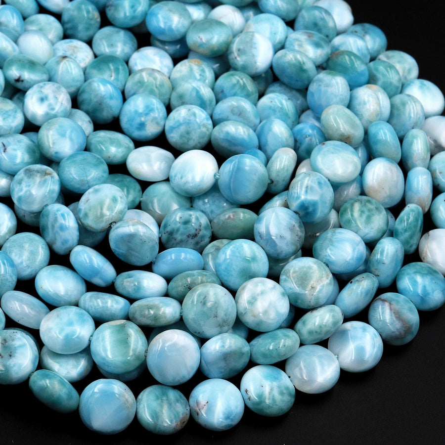 Natural Larimar Coin 10mm Beads Real Genuine Blue Larimar From Dominican Republic 15.5" Strand