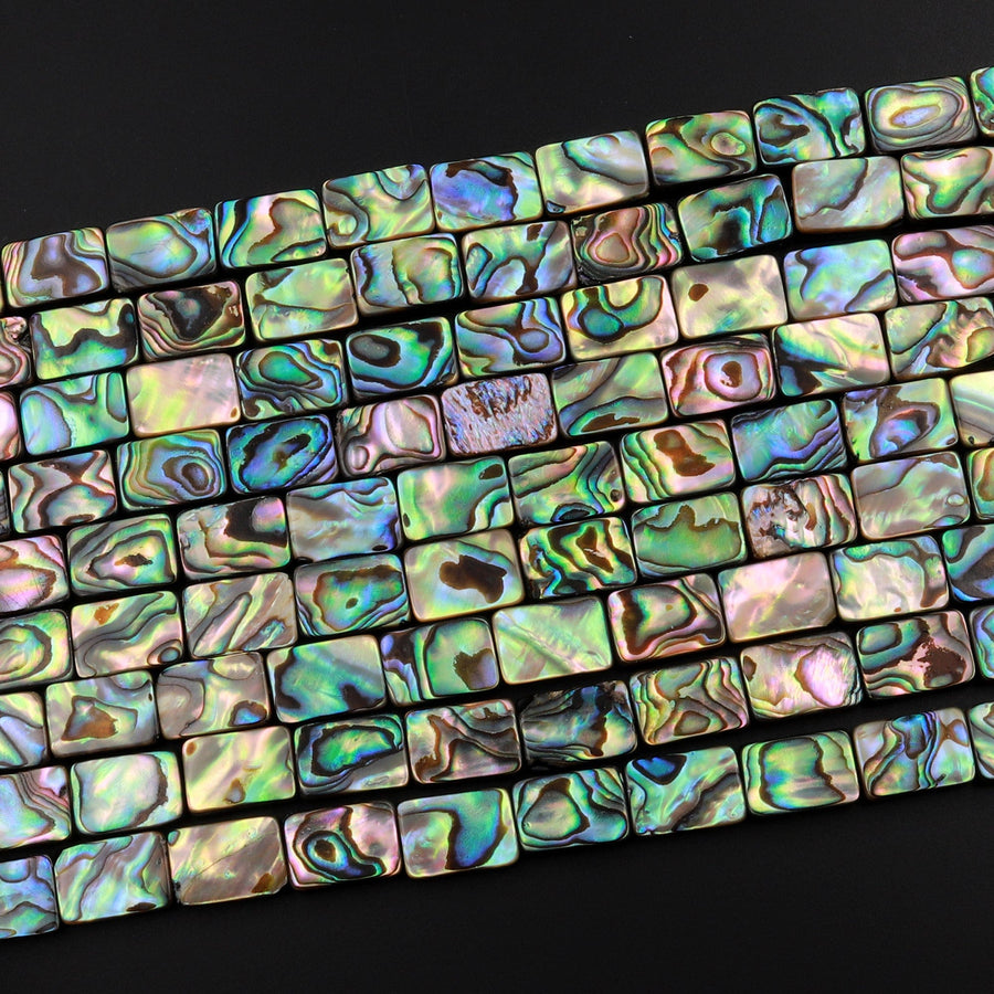 AAA Genuine Natural Abalone Shell 8mm 10mm 14mm 16mm Rectangle Beads Iridescent Rainbow Glow Blue Green Red Pink Flashes 15.5" Strand