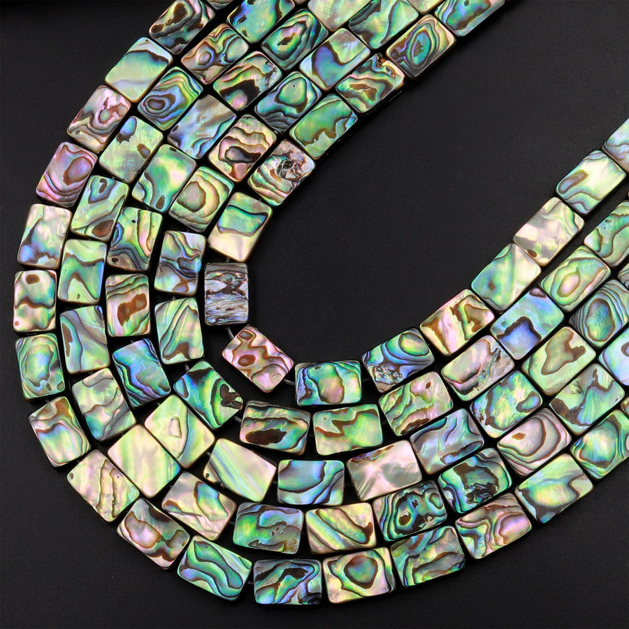 AAA Genuine Natural Abalone Shell 8mm 10mm 14mm 16mm Rectangle Beads Iridescent Rainbow Glow Blue Green Red Pink Flashes 15.5" Strand