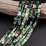 AAA Genuine Natural Abalone Shell 8mm 10mm 14mm 16mm Rectangle Beads Iridescent Rainbow Glow Blue Green Red Pink Flashes 15.5" Strand