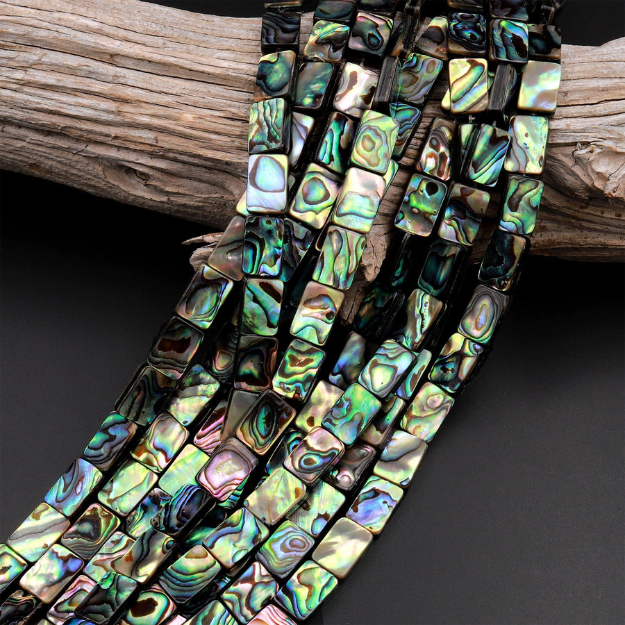 AAA Genuine Natural Abalone Shell 8mm 10mm 14mm 16mm Rectangle Beads Iridescent Rainbow Glow Blue Green Red Pink Flashes 15.5" Strand