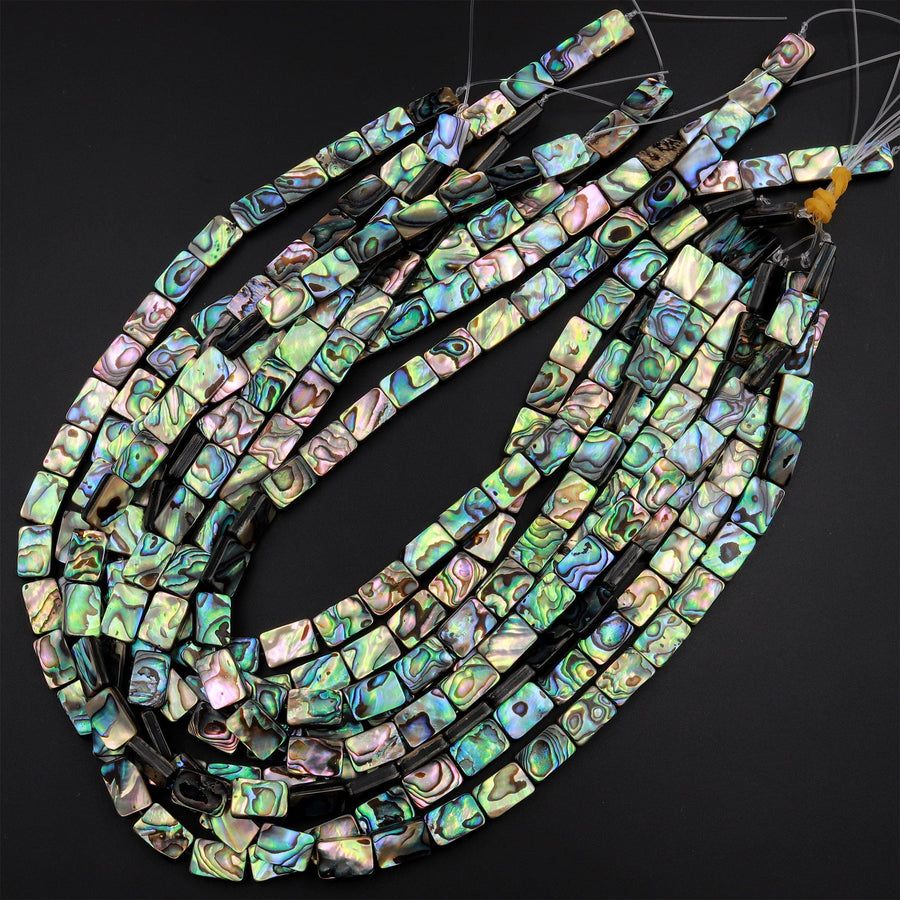 AAA Genuine Natural Abalone Shell 8mm 10mm 14mm 16mm Rectangle Beads Iridescent Rainbow Glow Blue Green Red Pink Flashes 15.5" Strand