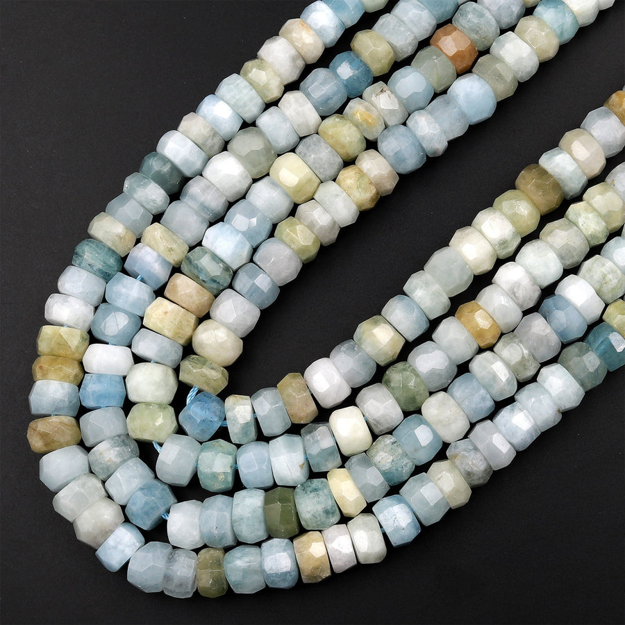 Large Natural Multicolor Aquamarine Faceted Rondelle Beads 9mm x 6mm Rondelle A Grade Blue Green Yellow Real Aquamarine Gemstone 16" Strand