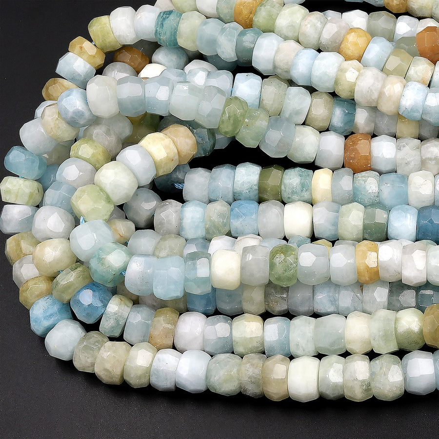 Large Natural Multicolor Aquamarine Faceted Rondelle Beads 9mm x 6mm Rondelle A Grade Blue Green Yellow Real Aquamarine Gemstone 16" Strand