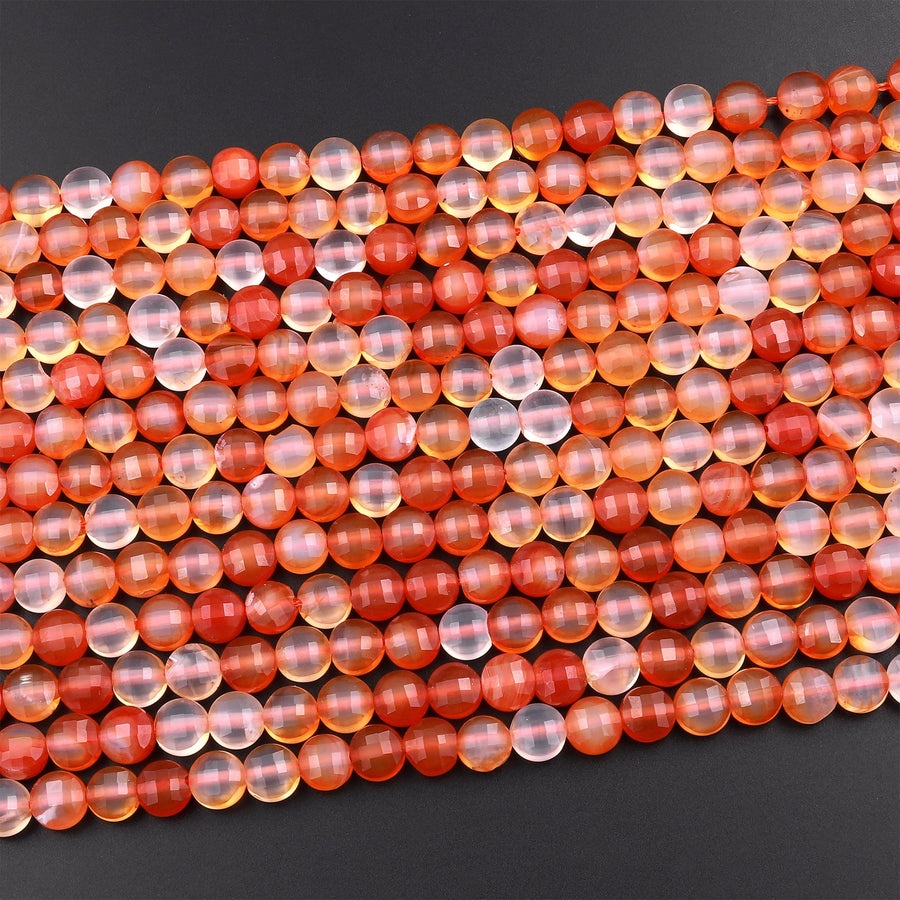 Natural Carnelian Faceted 6mm Coin Beads Fiery Orange Red Gemstone 15.5" Strand