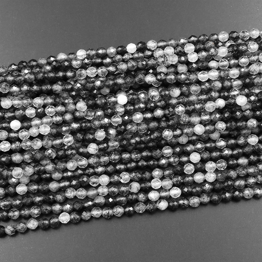 Faceted Natural Black Tourmaline Rutile Quartz 2mm 3mm 4mm Faceted Round Beads Micro Gemstone 15.5" Strand