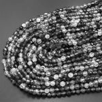 Faceted Natural Black Tourmaline Rutile Quartz 2mm 3mm 4mm Faceted Round Beads Micro Gemstone 15.5" Strand