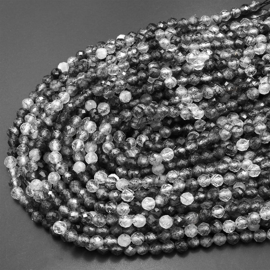 Faceted Natural Black Tourmaline Rutile Quartz 2mm 3mm 4mm Faceted Round Beads Micro Gemstone 15.5" Strand