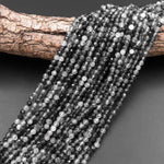 Faceted Natural Black Tourmaline Rutile Quartz 2mm 3mm 4mm Faceted Round Beads Micro Gemstone 15.5" Strand