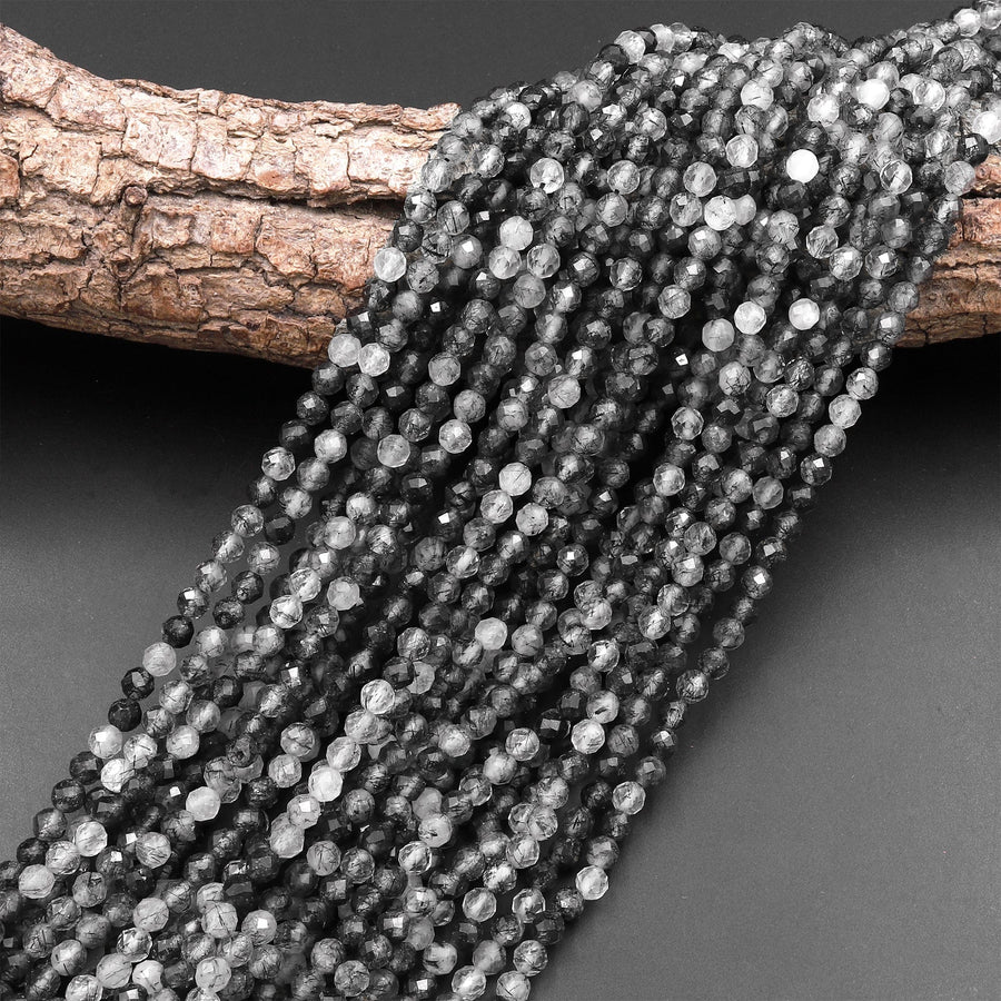 Faceted Natural Black Tourmaline Rutile Quartz 2mm 3mm 4mm Faceted Round Beads Micro Gemstone 15.5" Strand