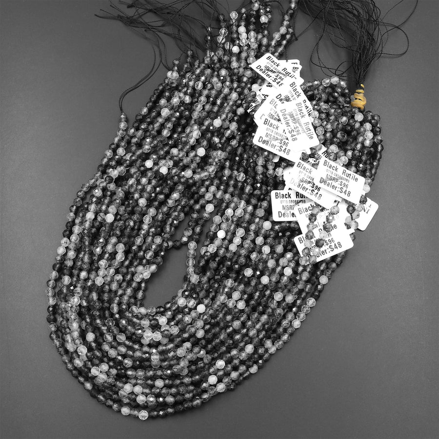 Faceted Natural Black Tourmaline Rutile Quartz 2mm 3mm 4mm Faceted Round Beads Micro Gemstone 15.5" Strand