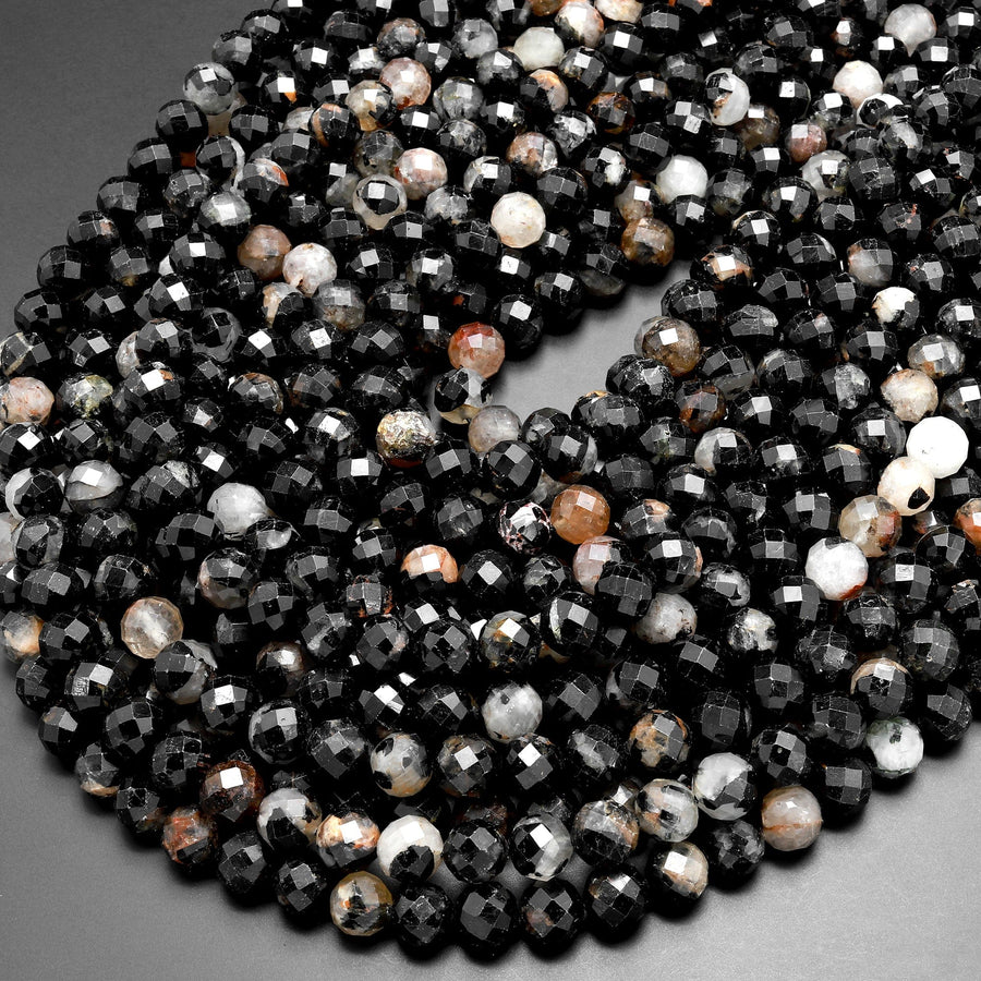 Genuine Natural Black Tourmaline Faceted Round Beads 4mm 6mm 8mm 10mm Golden Iron White Quartz Matrix 15.5" Strand