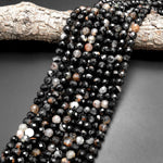 Genuine Natural Black Tourmaline Faceted Round Beads 4mm 6mm 8mm 10mm Golden Iron White Quartz Matrix 15.5" Strand
