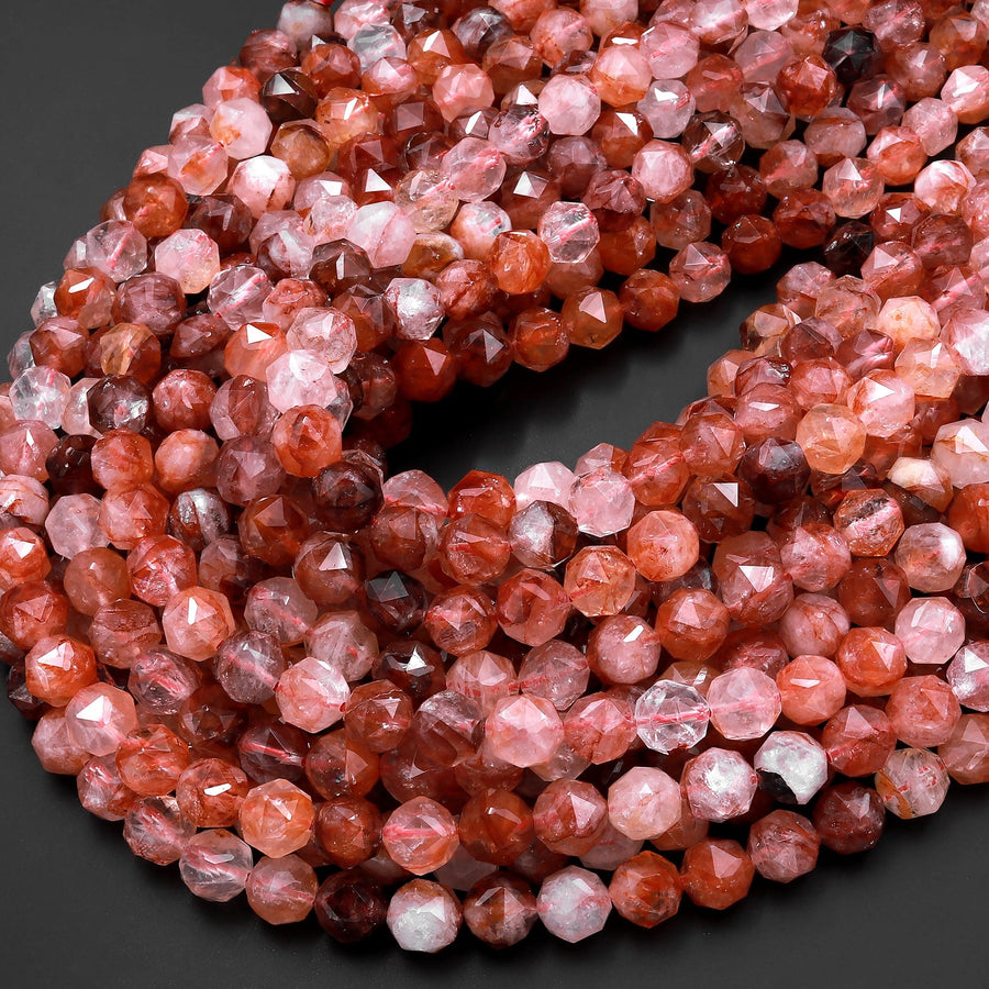Faceted Natural Red Hematoid Lepidocrocite Quartz 6mm 8mm 10mm Round Beads New Double Hearted Star Cut 15.5" Strand
