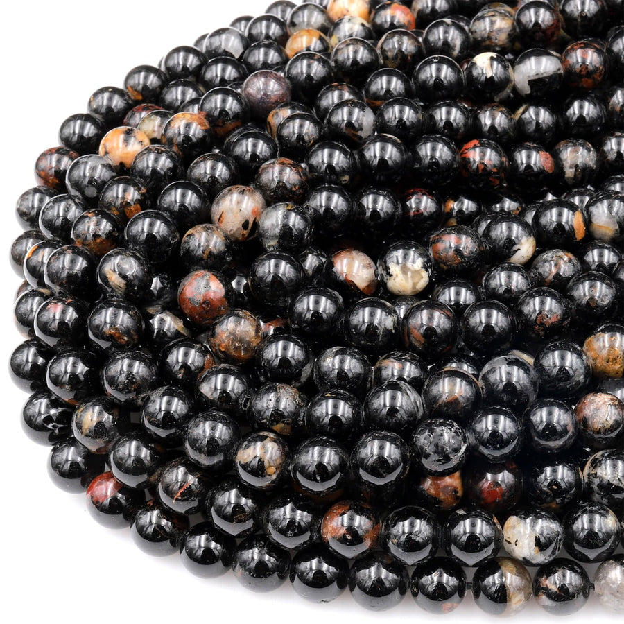 Genuine Natural Black Tourmaline Beads 4mm 6mm 8mm 10mm 12mm Round With Red Quartz Iron Matrix Real Genuine Black Gemstone 15.5" Strand