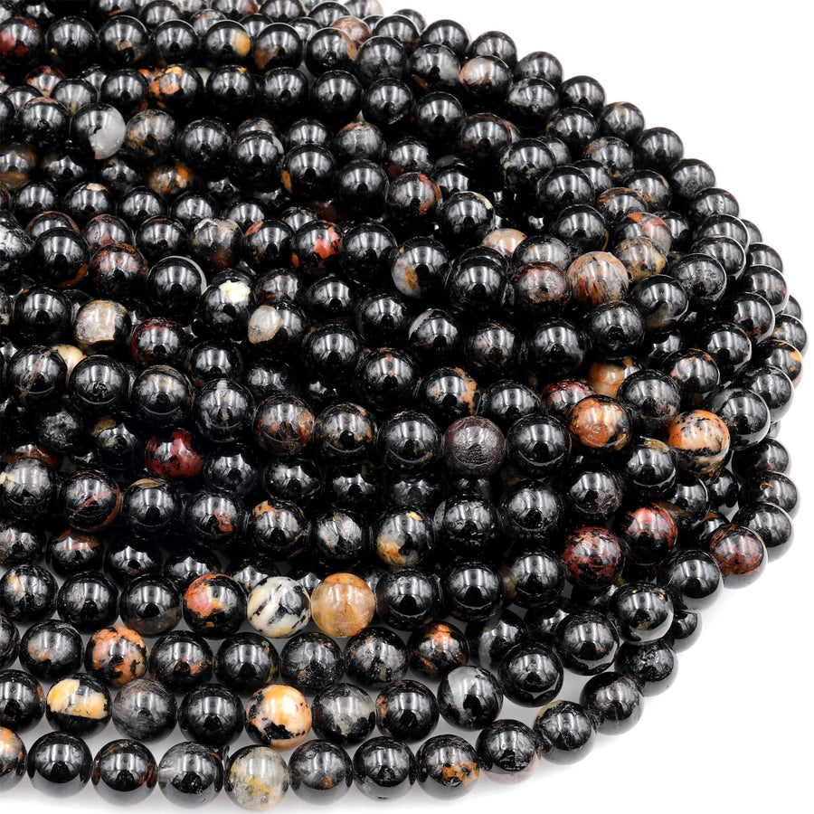 Genuine Natural Black Tourmaline Beads 4mm 6mm 8mm 10mm 12mm Round With Red Quartz Iron Matrix Real Genuine Black Gemstone 15.5" Strand