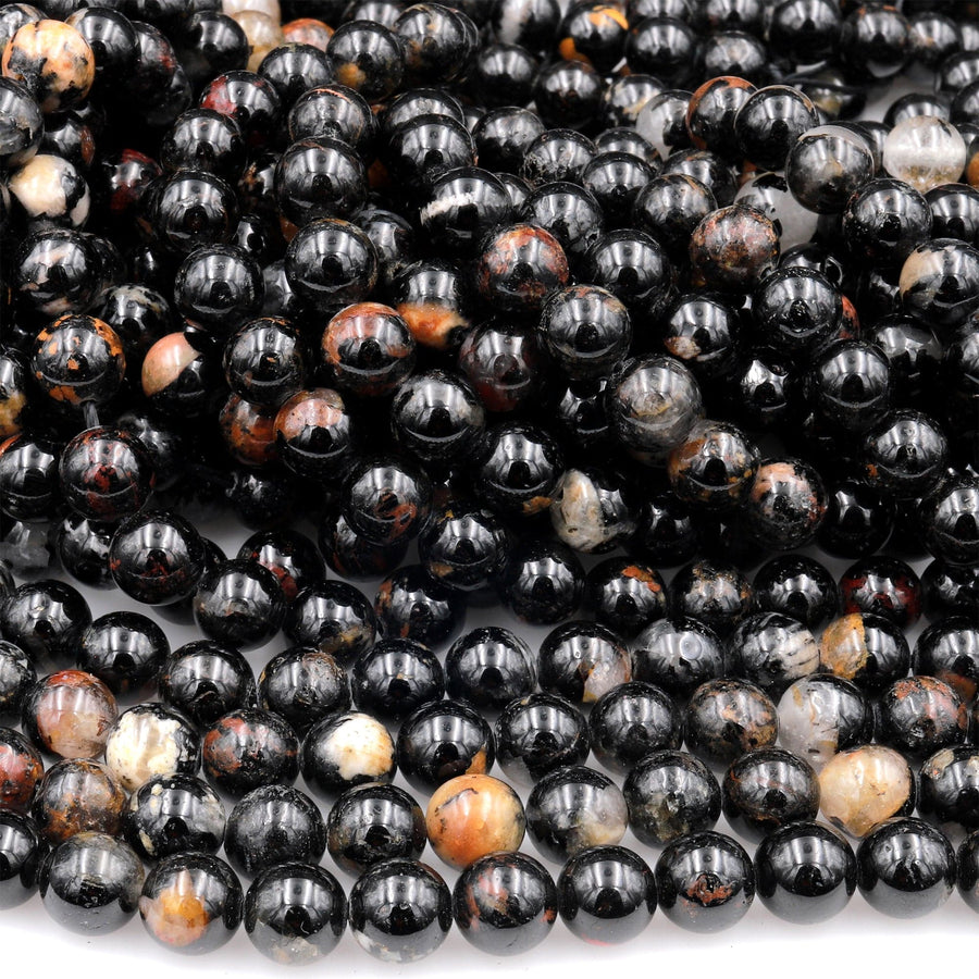Genuine Natural Black Tourmaline Beads 4mm 6mm 8mm 10mm 12mm Round With Red Quartz Iron Matrix Real Genuine Black Gemstone 15.5" Strand