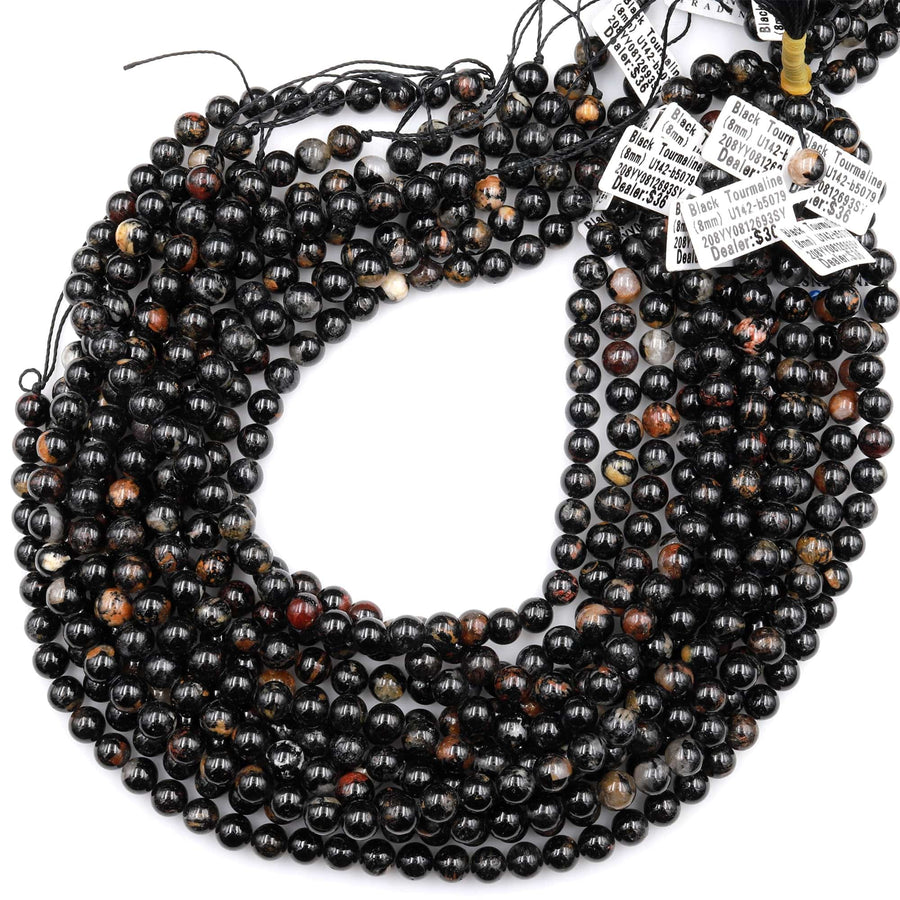 Genuine Natural Black Tourmaline Beads 4mm 6mm 8mm 10mm 12mm Round With Red Quartz Iron Matrix Real Genuine Black Gemstone 15.5" Strand