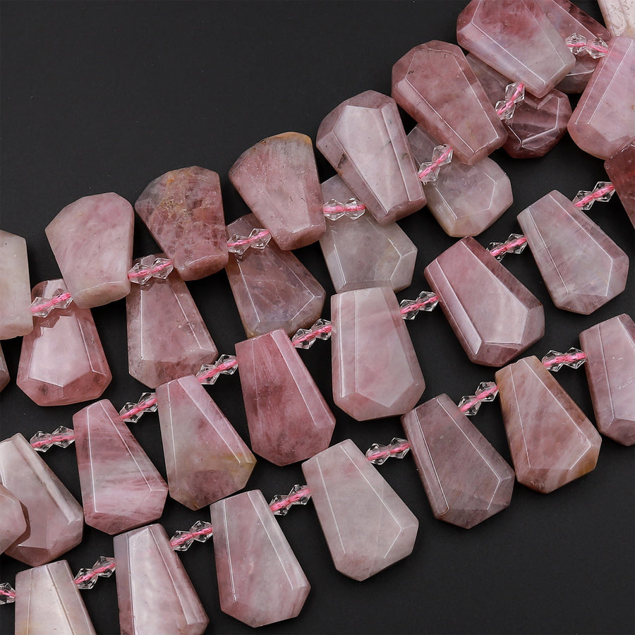 Natural Mauve Pink Rose Quartz Beads From Madagascar Faceted Trapezoid Tapered Teardrop Top Side Drilled Flat Slice Pendant 16" Strand