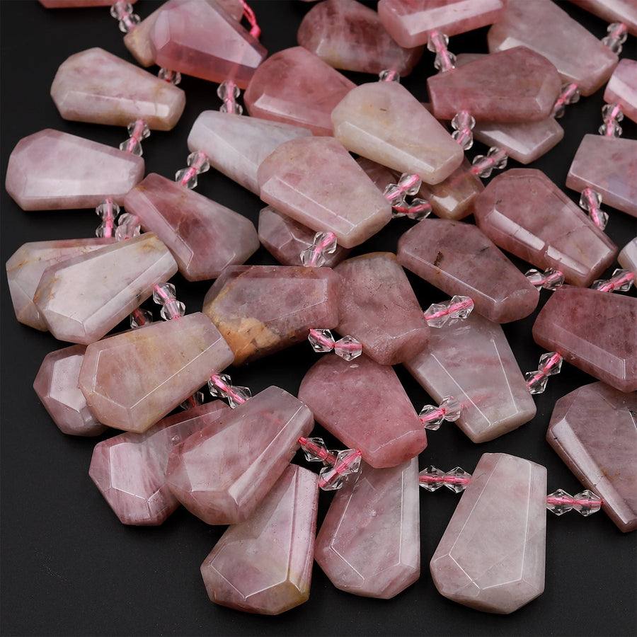 Natural Mauve Pink Rose Quartz Beads From Madagascar Faceted Trapezoid Tapered Teardrop Top Side Drilled Flat Slice Pendant 16" Strand