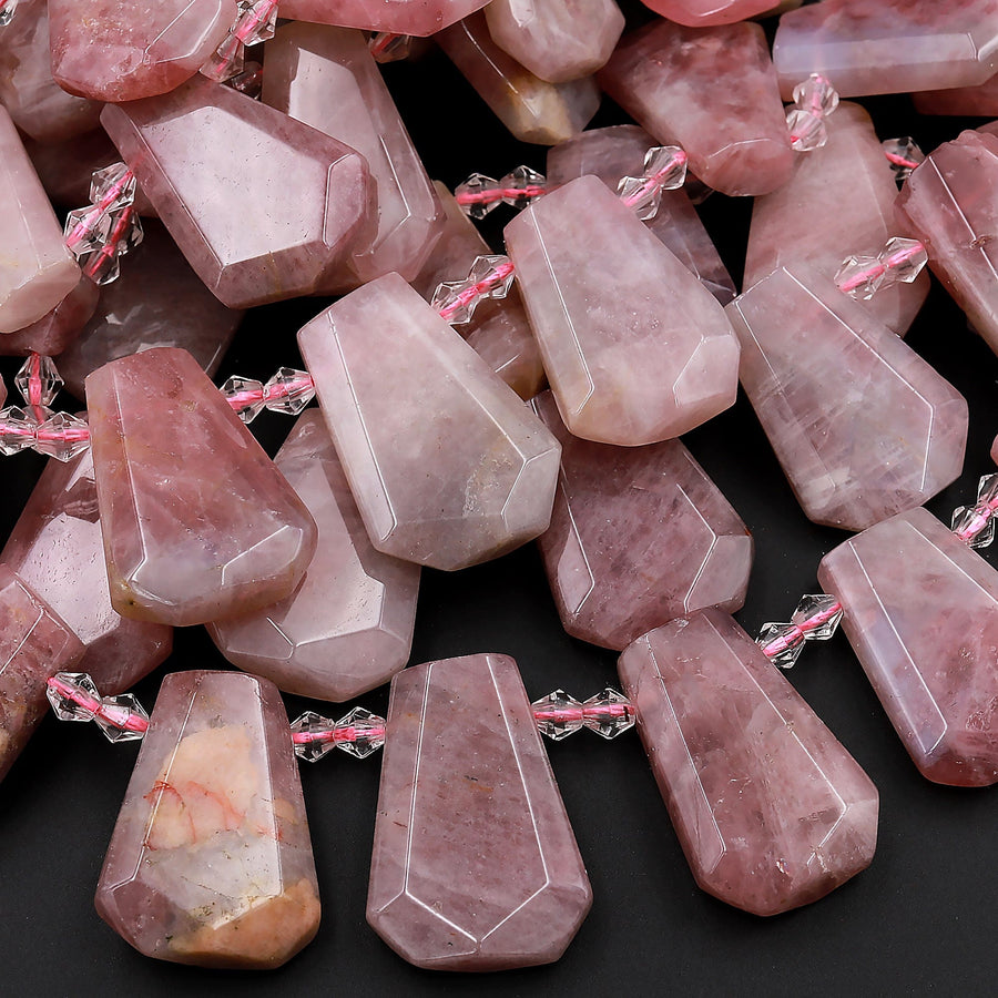 Natural Mauve Pink Rose Quartz Beads From Madagascar Faceted Trapezoid Tapered Teardrop Top Side Drilled Flat Slice Pendant 16" Strand