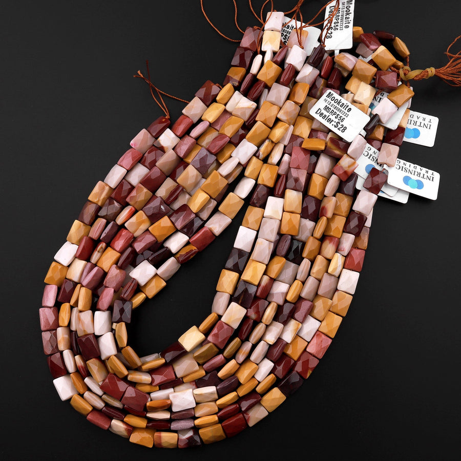 AAA Natural Australian Mookaite Beads Faceted 10x8mm Rectangle Cushion Natural Sunset Color Red Yellow Maroon Red Creamy White 15.5" Strand