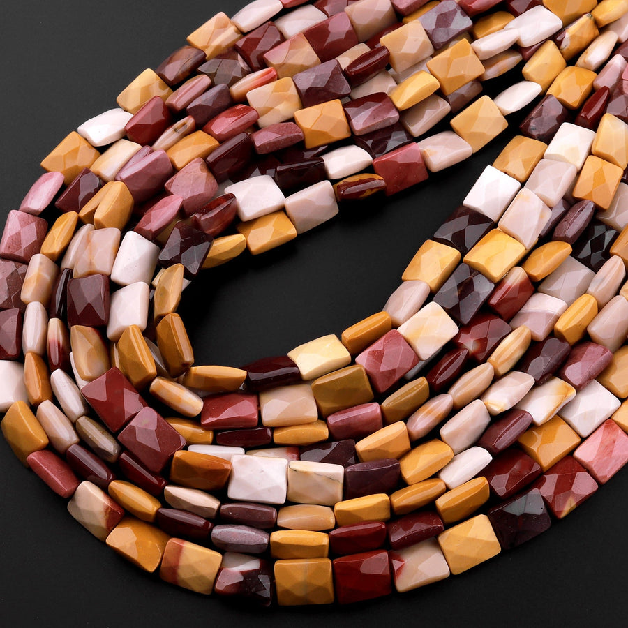 AAA Natural Australian Mookaite Beads Faceted 10x8mm Rectangle Cushion Natural Sunset Color Red Yellow Maroon Red Creamy White 15.5" Strand
