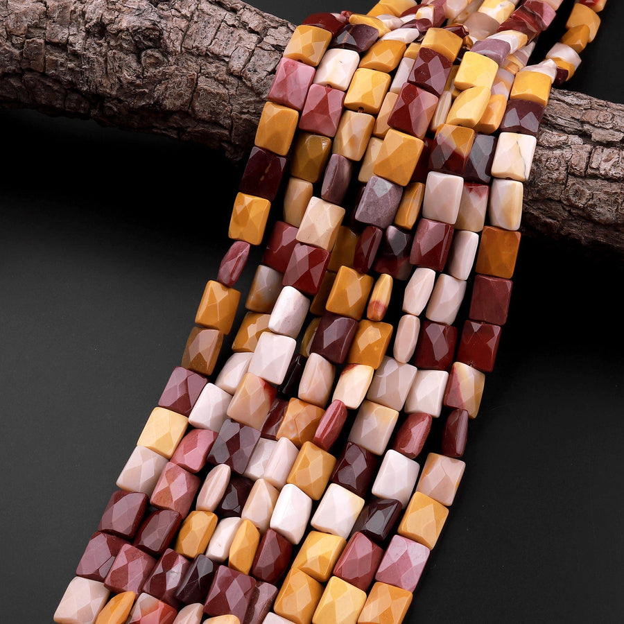 AAA Natural Australian Mookaite Beads Faceted 10x8mm Rectangle Cushion Natural Sunset Color Red Yellow Maroon Red Creamy White 15.5" Strand