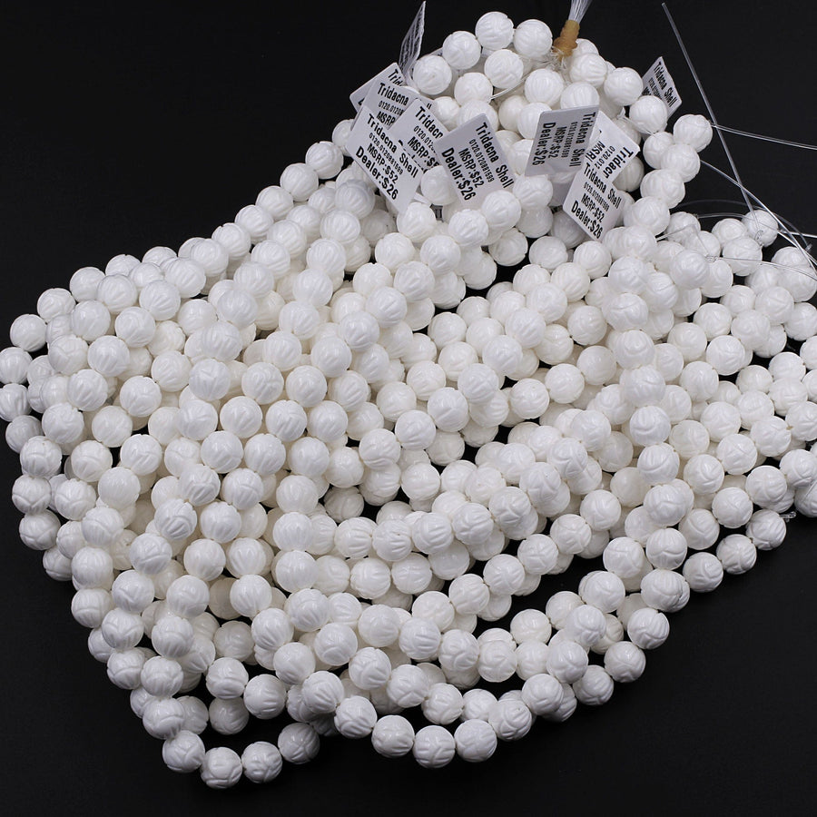 Natural White Tridacna Shell Beads Carved Lotus Flower Bloom Round Beads Pristine White 6mm 8mm 10mm 12mm 14mm Decorative Flower Bead 16" Strand