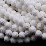 Natural White Tridacna Shell Beads Carved Lotus Flower Bloom Round Beads Pristine White 6mm 8mm 10mm 12mm 14mm Decorative Flower Bead 16" Strand
