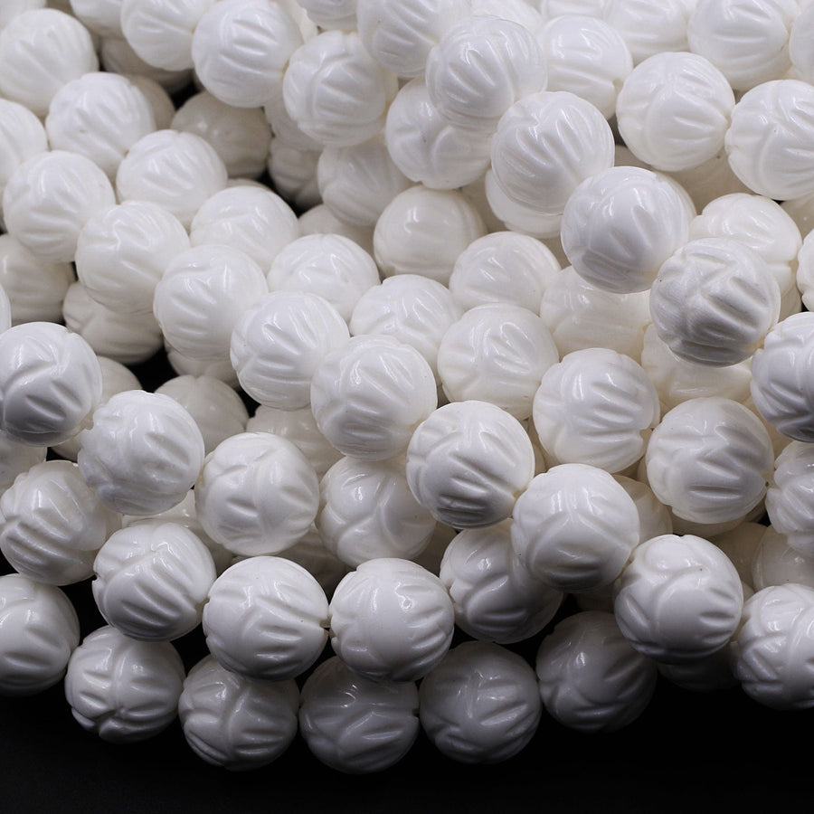 Natural White Tridacna Shell Beads Carved Lotus Flower Bloom Round Beads Pristine White 6mm 8mm 10mm 12mm 14mm Decorative Flower Bead 16" Strand
