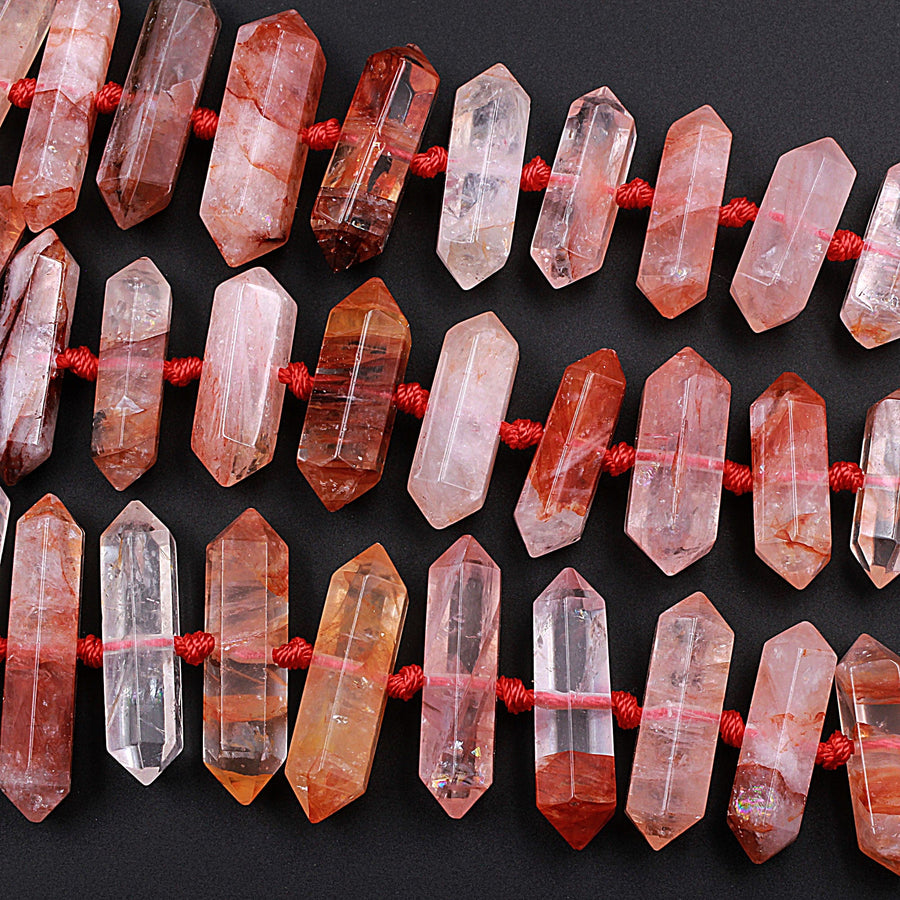 Lepidocrocite Quartz Beads Faceted Double Terminated Pointed Tips Large Healing Natural Red Quartz Crystal Focal Pendant Bead 15.5" Strand