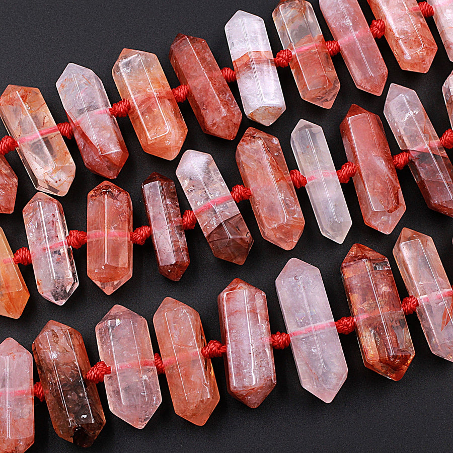 Lepidocrocite Quartz Beads Faceted Double Terminated Pointed Tips Large Healing Natural Red Quartz Crystal Focal Pendant Bead 15.5" Strand