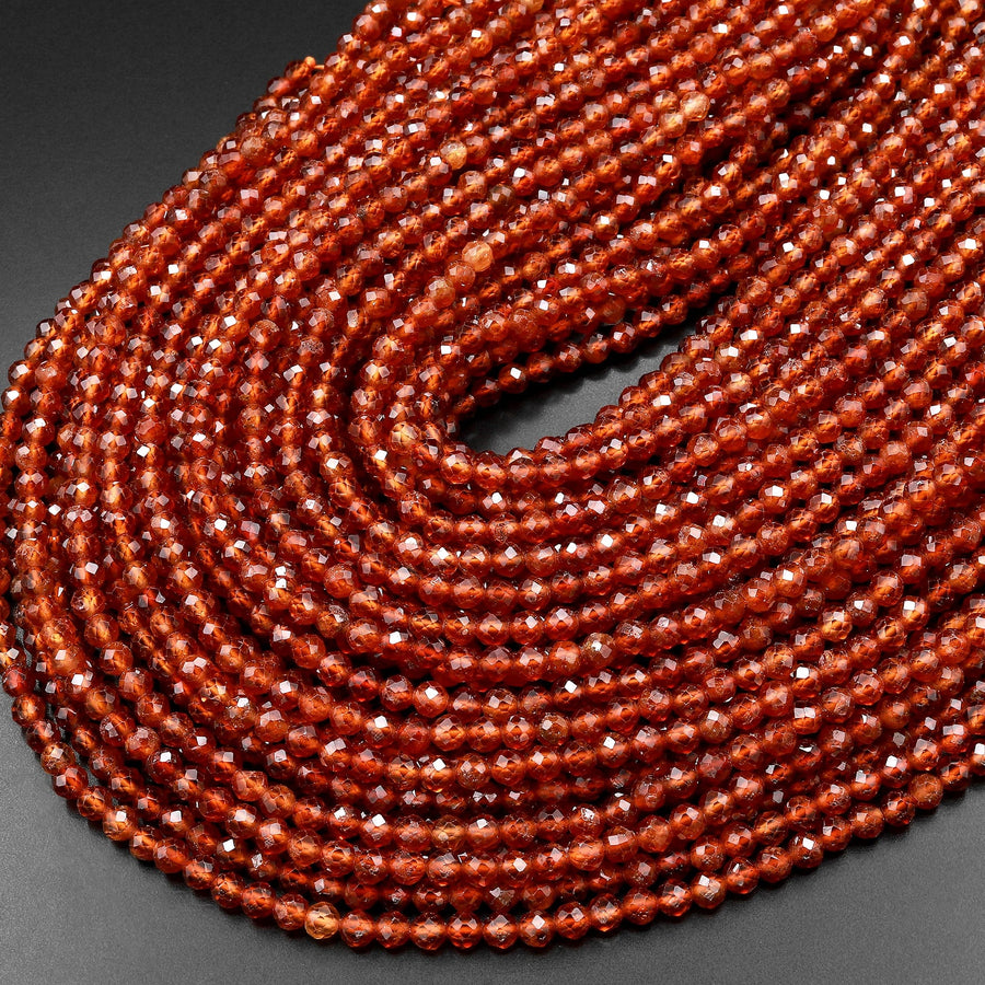 AAA Natural Orange Hessonite Garnet Faceted 2mm 3mm 4mm Round Beads Micro Diamond Cut Gemstone 15.5" Strand