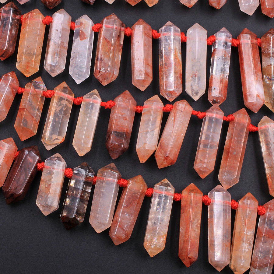 Lepidocrocite Quartz Beads Faceted Double Terminated Pointed Tips Top Side Drilled Natural Red Quartz Crystal Focal Pendant Bead 16" Strand