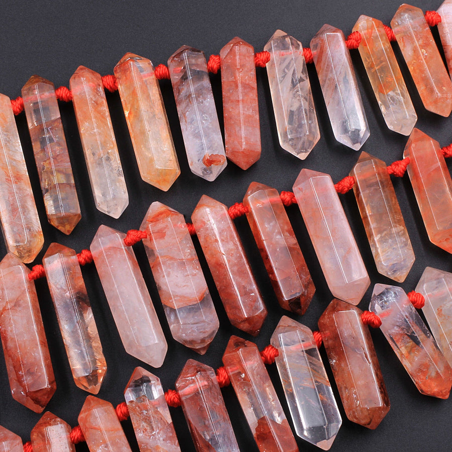 Lepidocrocite Quartz Beads Faceted Double Terminated Pointed Tips Top Side Drilled Natural Red Quartz Crystal Focal Pendant Bead 16" Strand