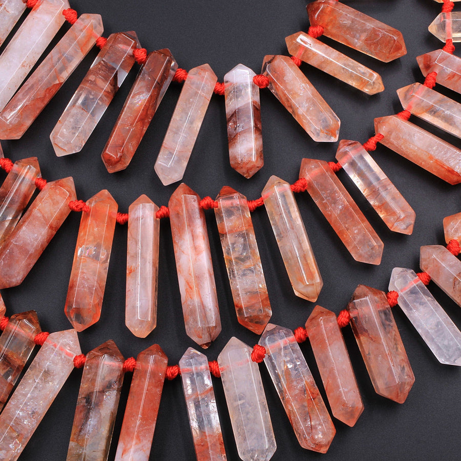 Lepidocrocite Quartz Beads Faceted Double Terminated Pointed Tips Top Side Drilled Natural Red Quartz Crystal Focal Pendant Bead 16" Strand