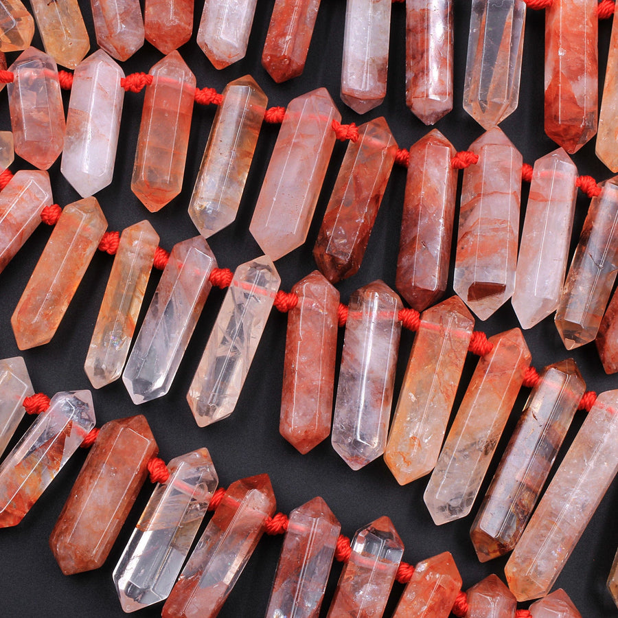 Lepidocrocite Quartz Beads Faceted Double Terminated Pointed Tips Top Side Drilled Natural Red Quartz Crystal Focal Pendant Bead 16" Strand