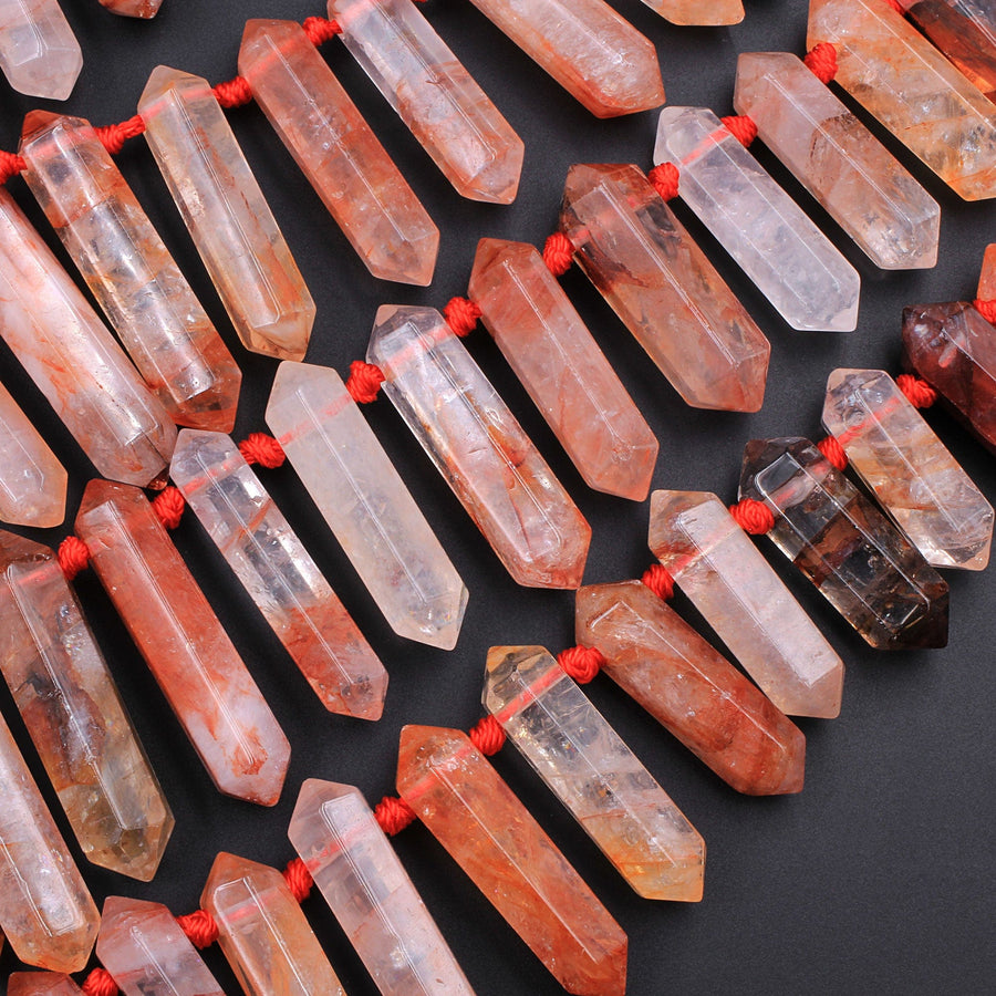 Lepidocrocite Quartz Beads Faceted Double Terminated Pointed Tips Top Side Drilled Natural Red Quartz Crystal Focal Pendant Bead 16" Strand