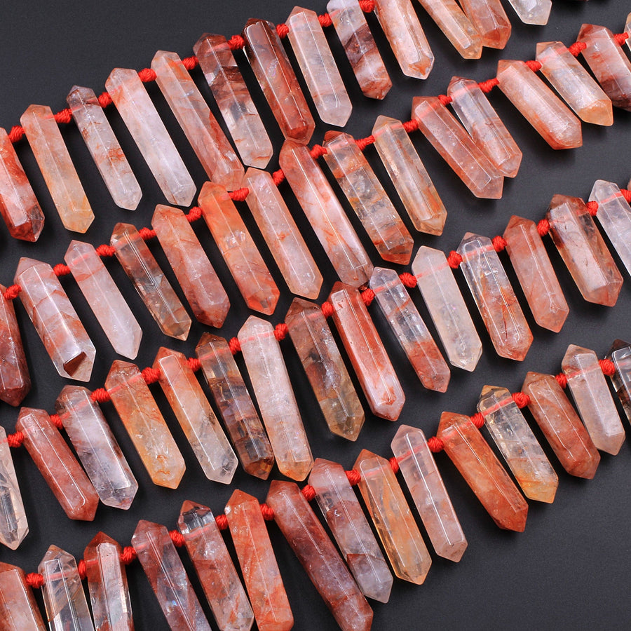 Lepidocrocite Quartz Beads Faceted Double Terminated Pointed Tips Top Side Drilled Natural Red Quartz Crystal Focal Pendant Bead 16" Strand