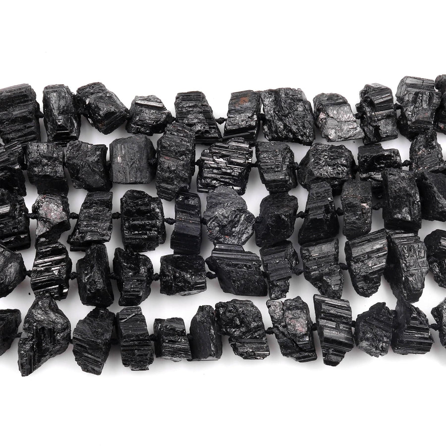 Rough Raw Natural Black Tourmaline Beads Nugget Short Chunky Real Genuine Black Tourmaline Crystal Gemstones Tube 15.5" Strand
