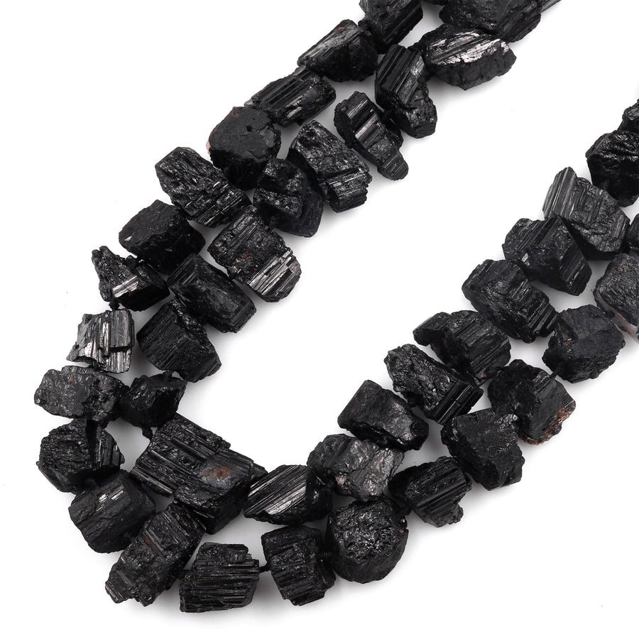 Rough Raw Natural Black Tourmaline Beads Nugget Short Chunky Real Genuine Black Tourmaline Crystal Gemstones Tube 15.5" Strand
