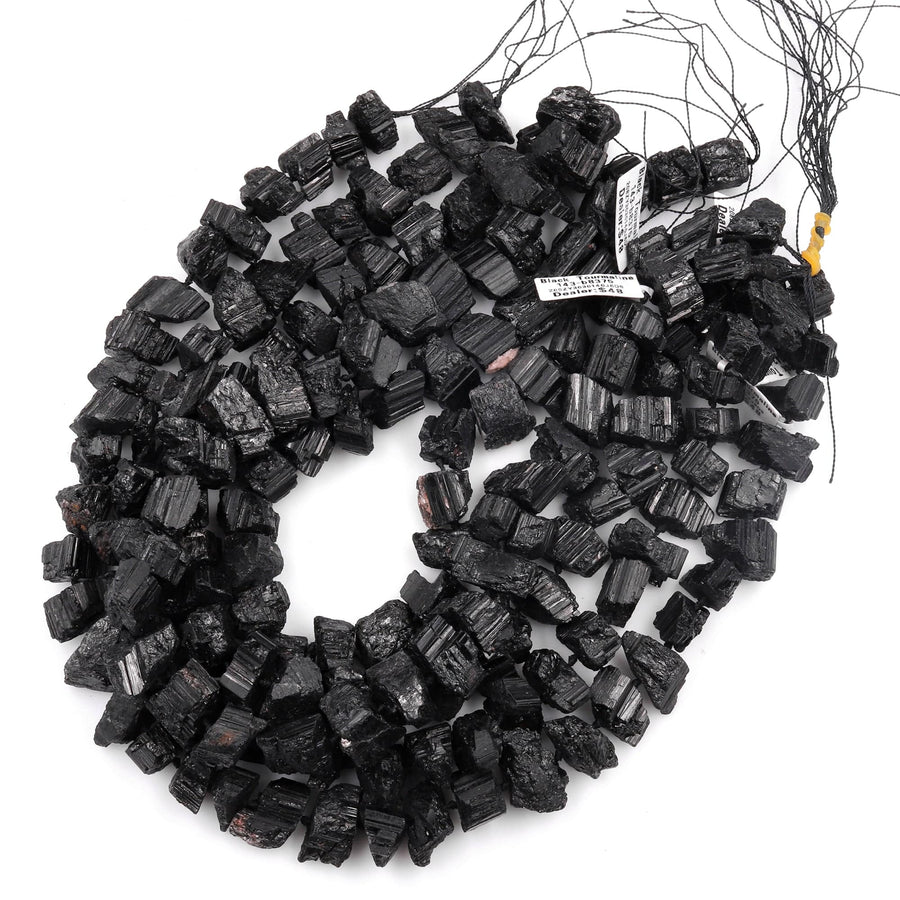 Rough Raw Natural Black Tourmaline Beads Nugget Short Chunky Real Genuine Black Tourmaline Crystal Gemstones Tube 15.5" Strand